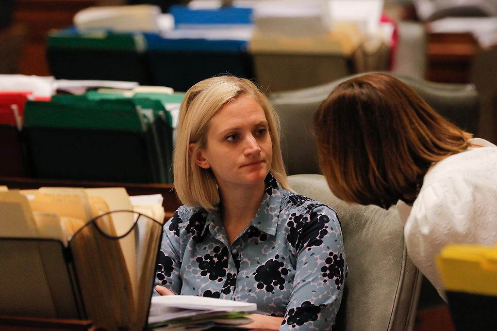 Sen. Lauren Arthur, D-Kansas City, listens to Sen. Jill Schupp, D-St. Louis